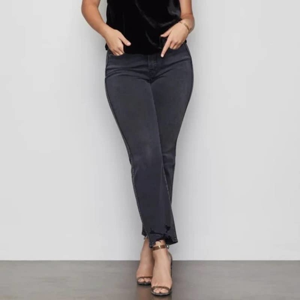 Good American Good Straight Destroyed Hem Straight Leg Jeans In Black 077 Sz 6